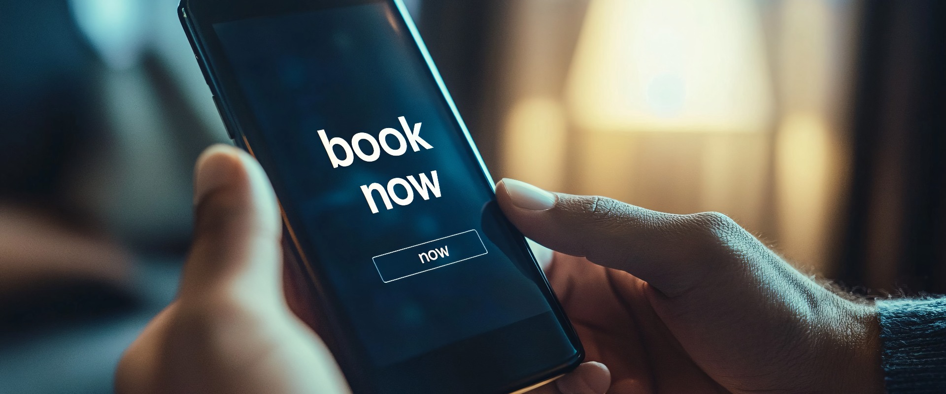 A person pointing at a phone displaying a "Book Now" button, suggesting an online booking action.